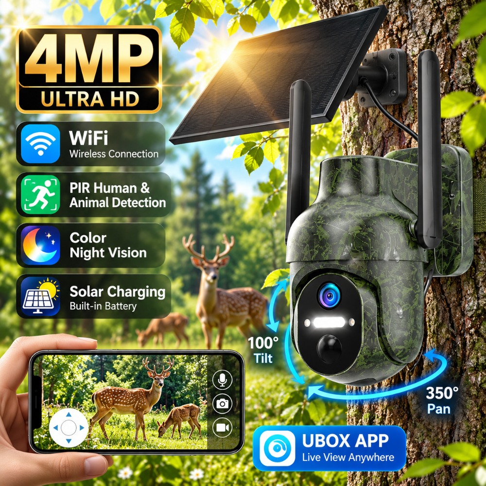 Trail Camera Infrared - 4MPソーラーWi-Fiセキュリティカメラ、屋外用CCTV、PTZ機能、PIRセンサー搭載、暗視機能、人物検知機能、狩猟用、監視カメラ。